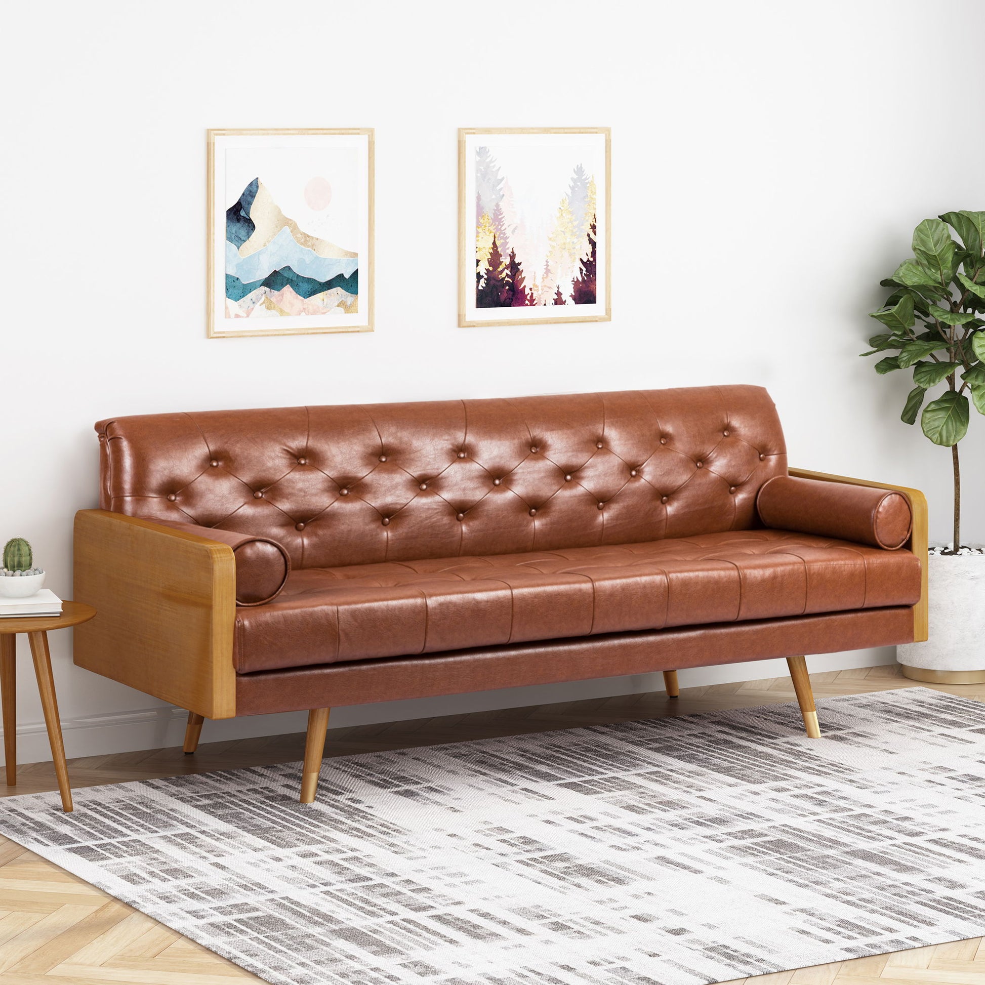 Adelaide - Mid Century Modern Tufted Sofa With Rolled Accent Pillows - Light Brown Noble House