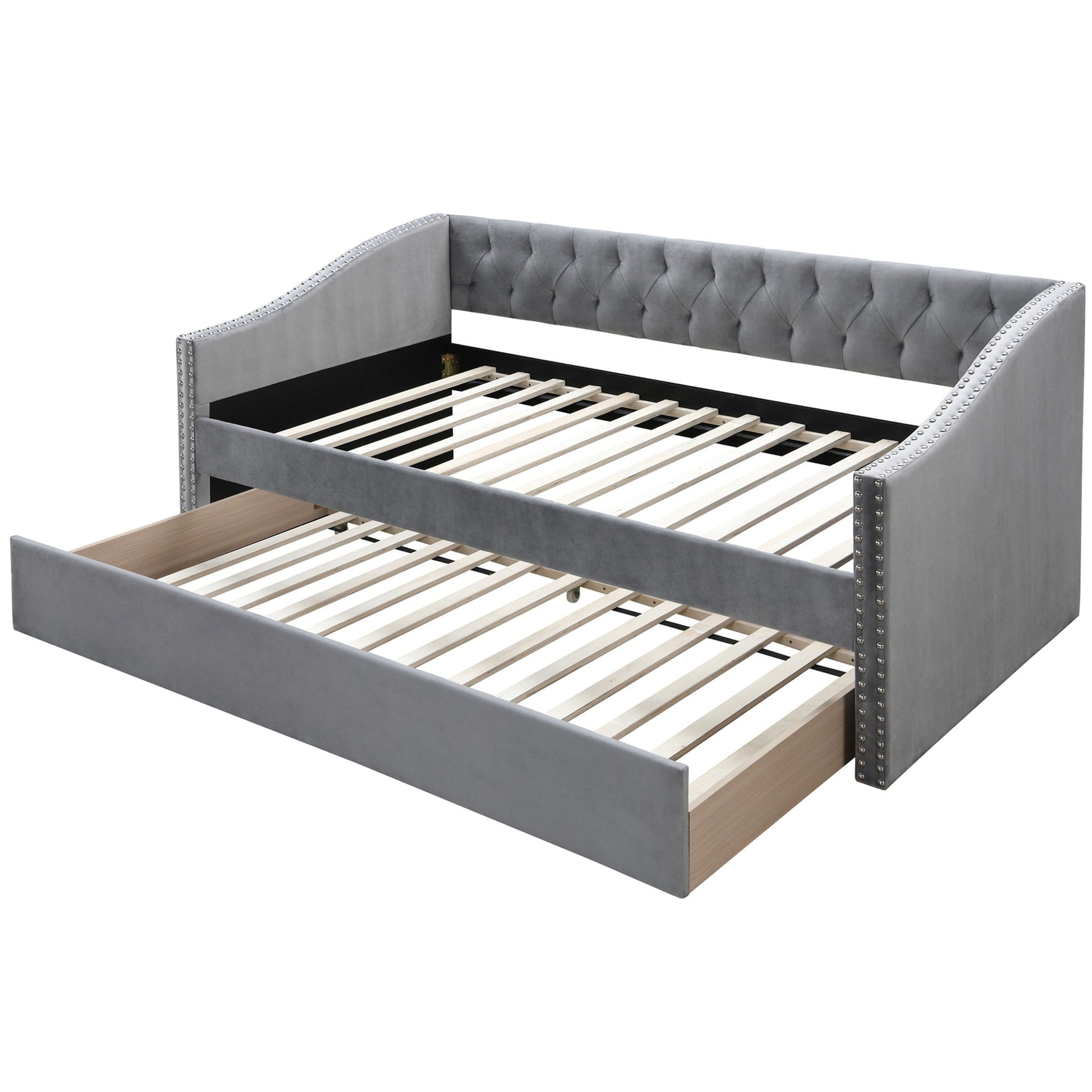 Daybed With Button Tufted Nailhead Trim And Trundle Slat Storage - Gray Home Essentials
