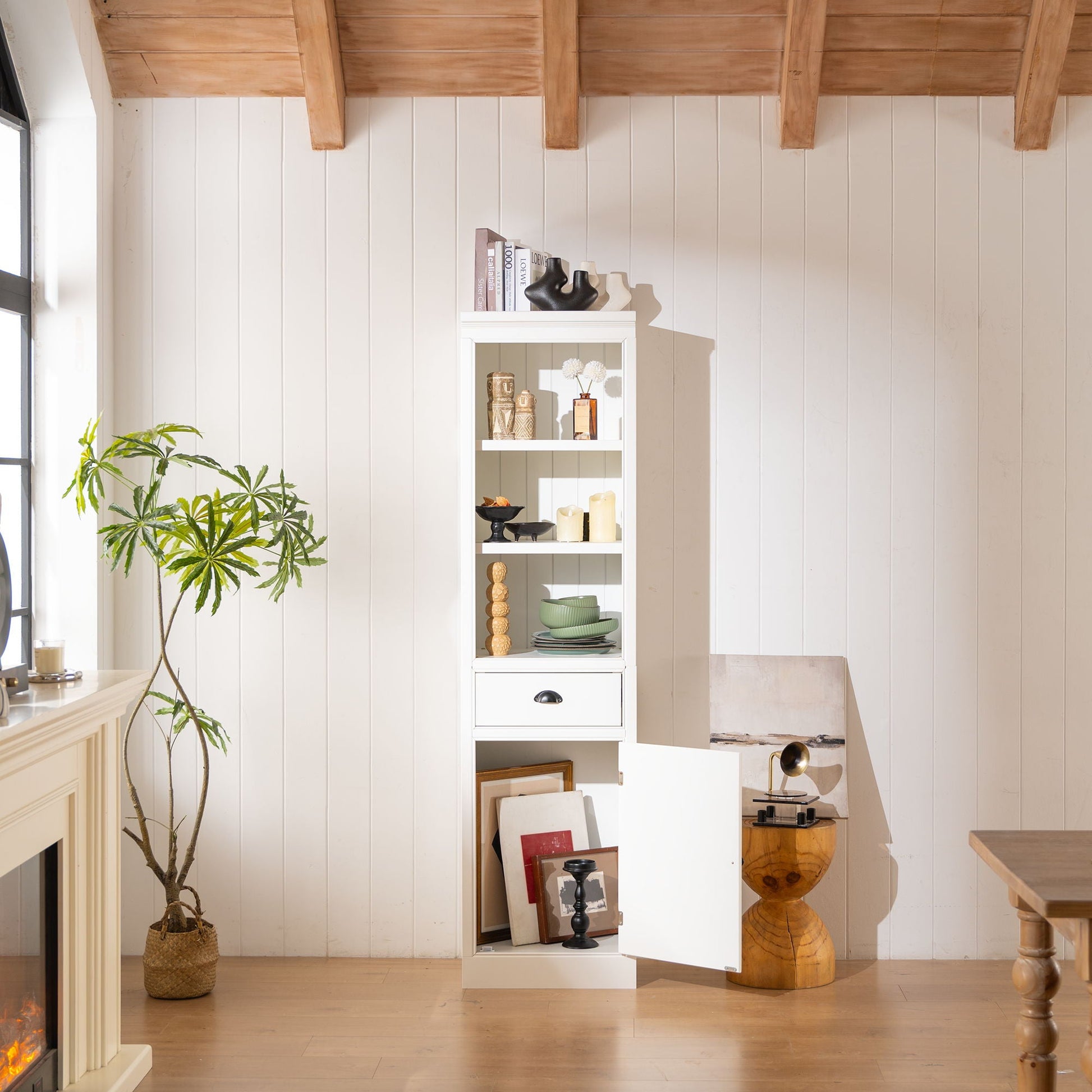 Retro Style 75'' Tall Display Shelf With Cabinet For Hallways Living Room Kitchen - White Hearth and Haven