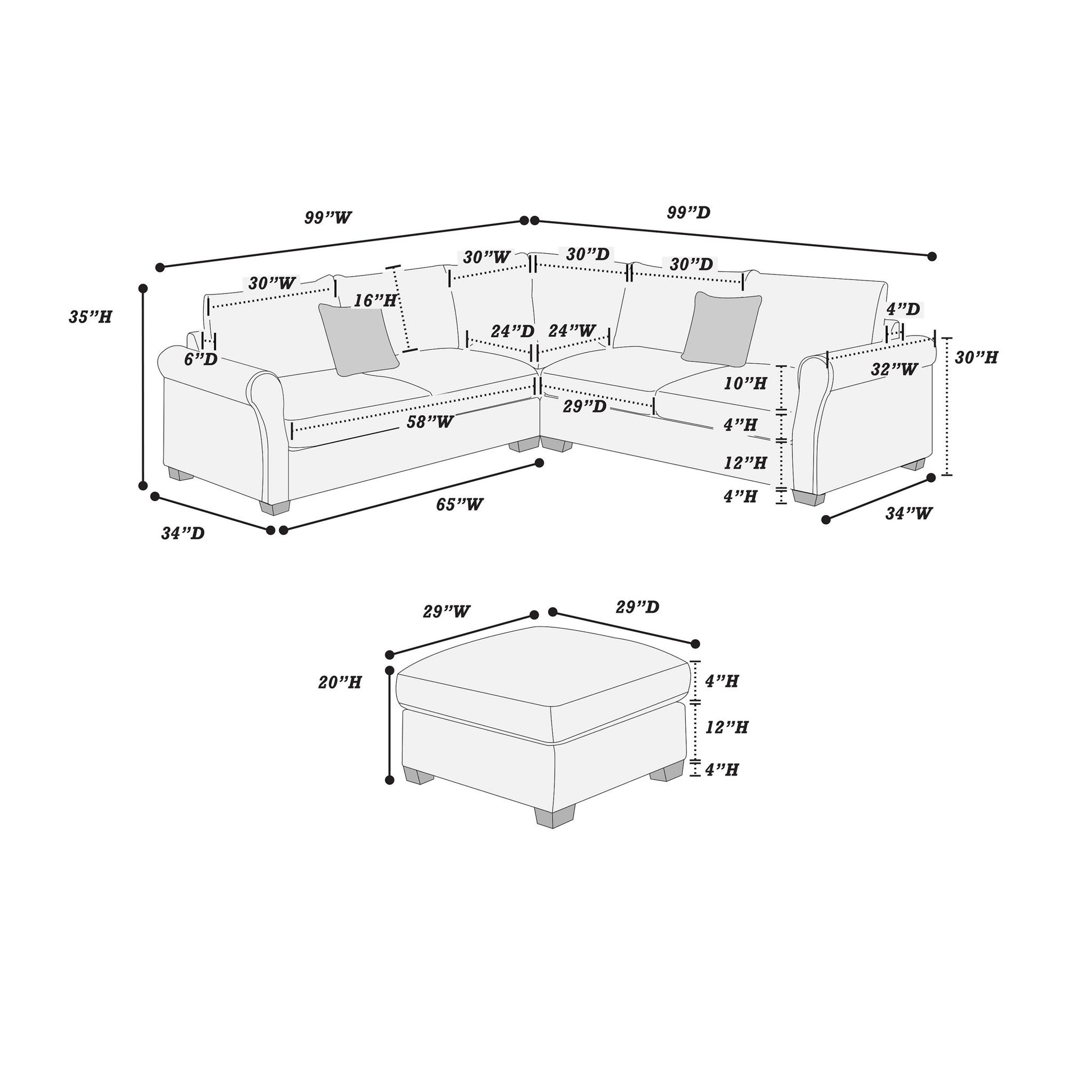Modern Sectional Set With Corner Wedge, Loveseat, Ottoman & 2 Pillows Home Essentials