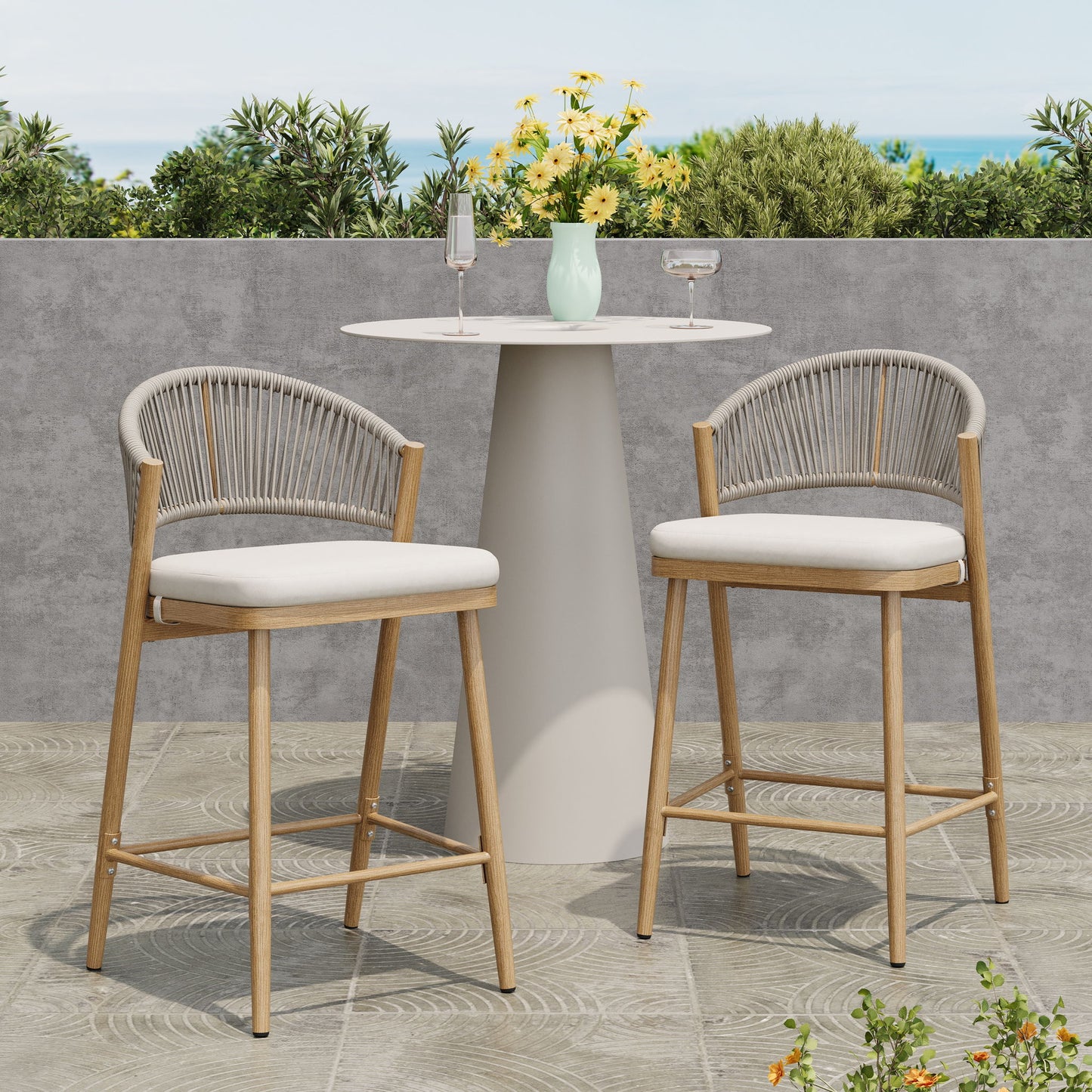 Outdoor 26" Counter Height Metal Frame Counter Stools With Scallop Shaped Backrest & Water Resistant Cushions Noble House