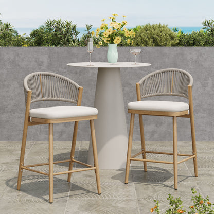 Outdoor 26" Counter Height Metal Frame Counter Stools With Scallop Shaped Backrest & Water Resistant Cushions Noble House