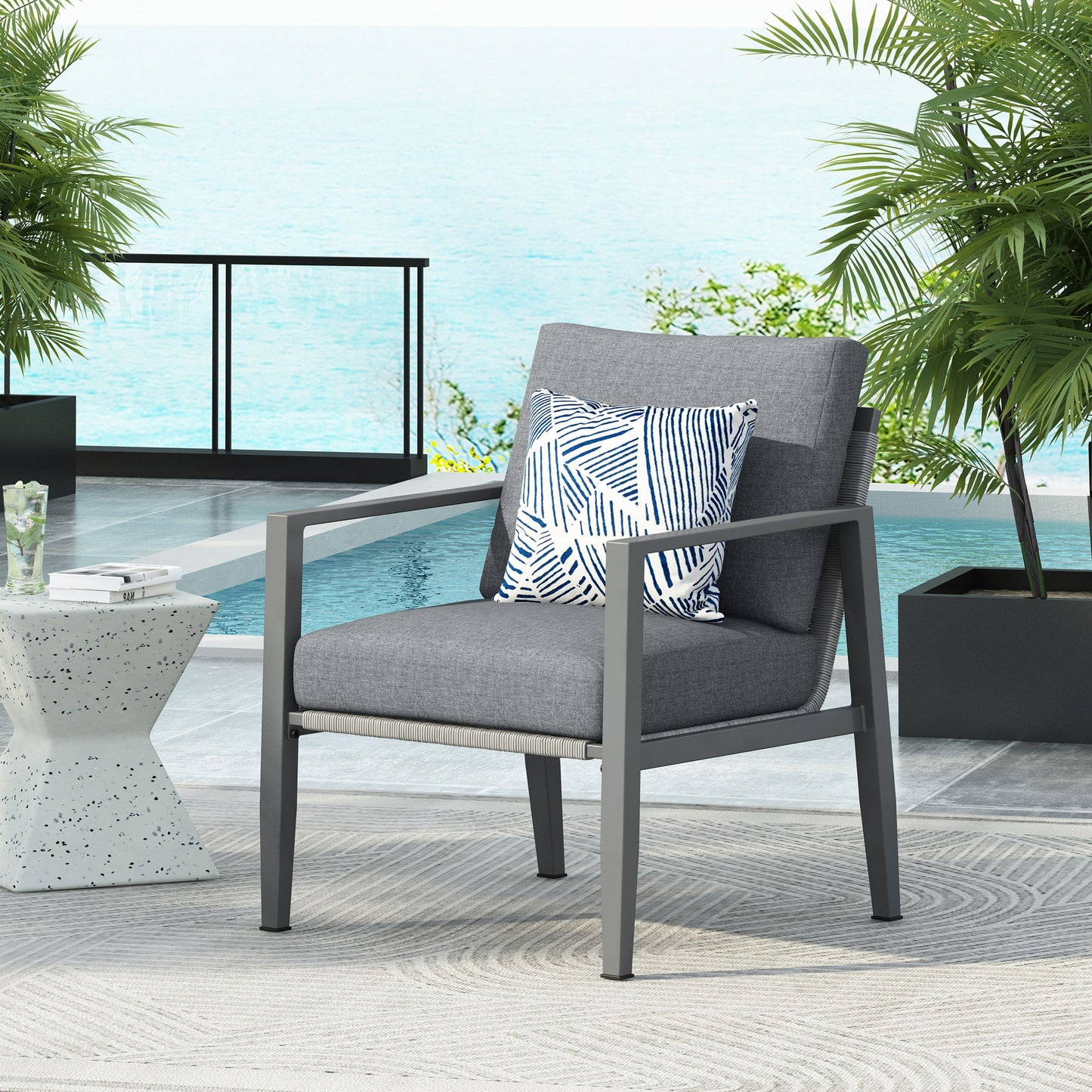 Modern Lounge Chair With Rope Accents And Cushions Noble House