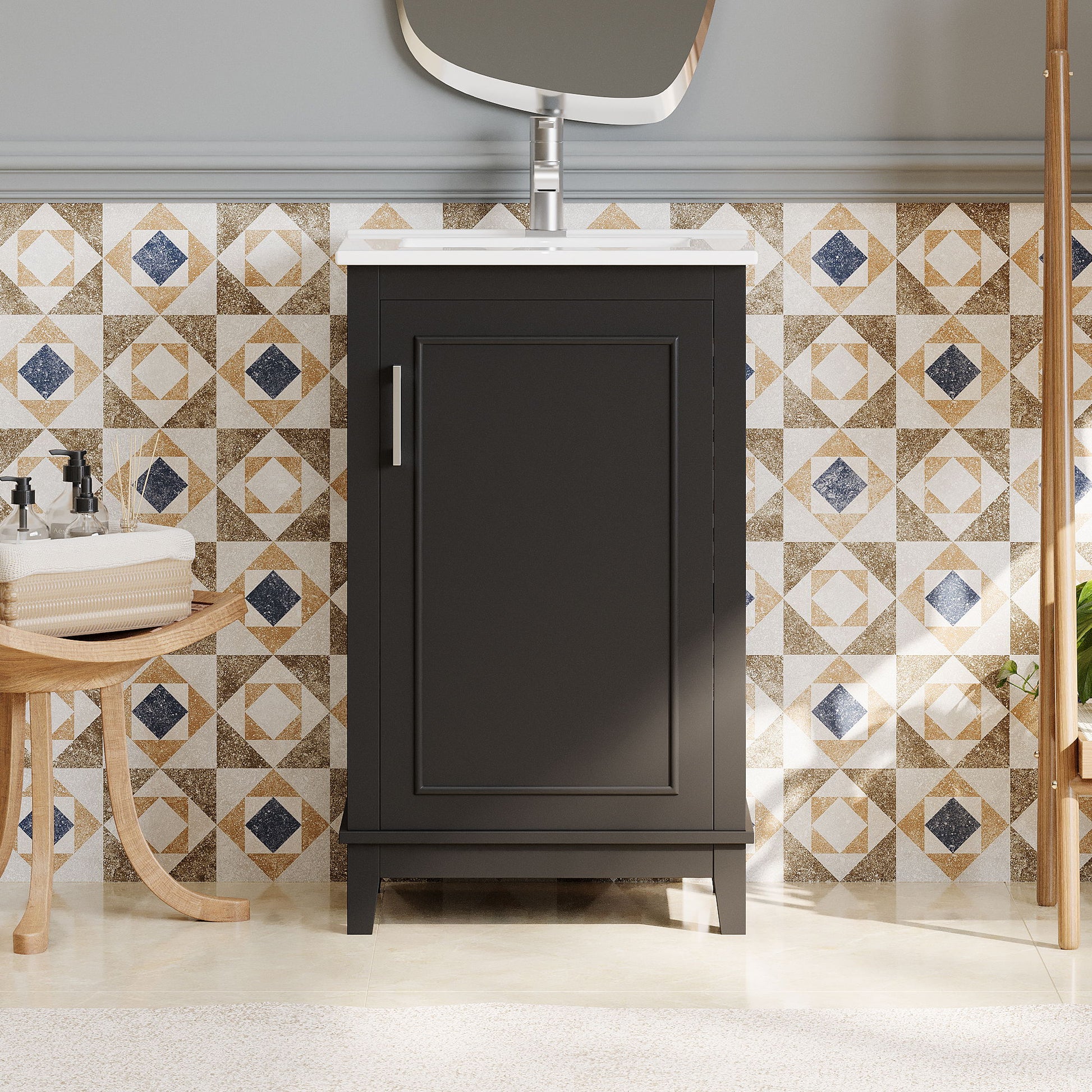 Modern Small Bathroom Vanity Cabinet With Ceramic Basin, Ample Storage, 1 Soft Close Door Hearth and Haven