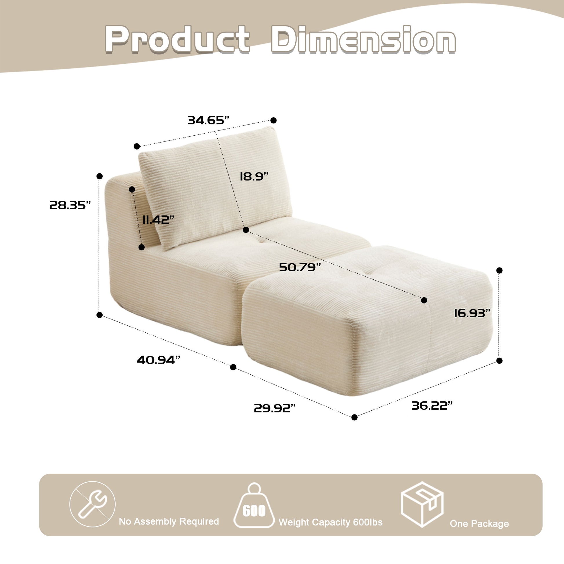 Single Chaise Longue With Movable Ottoman For Living Room Home Essentials