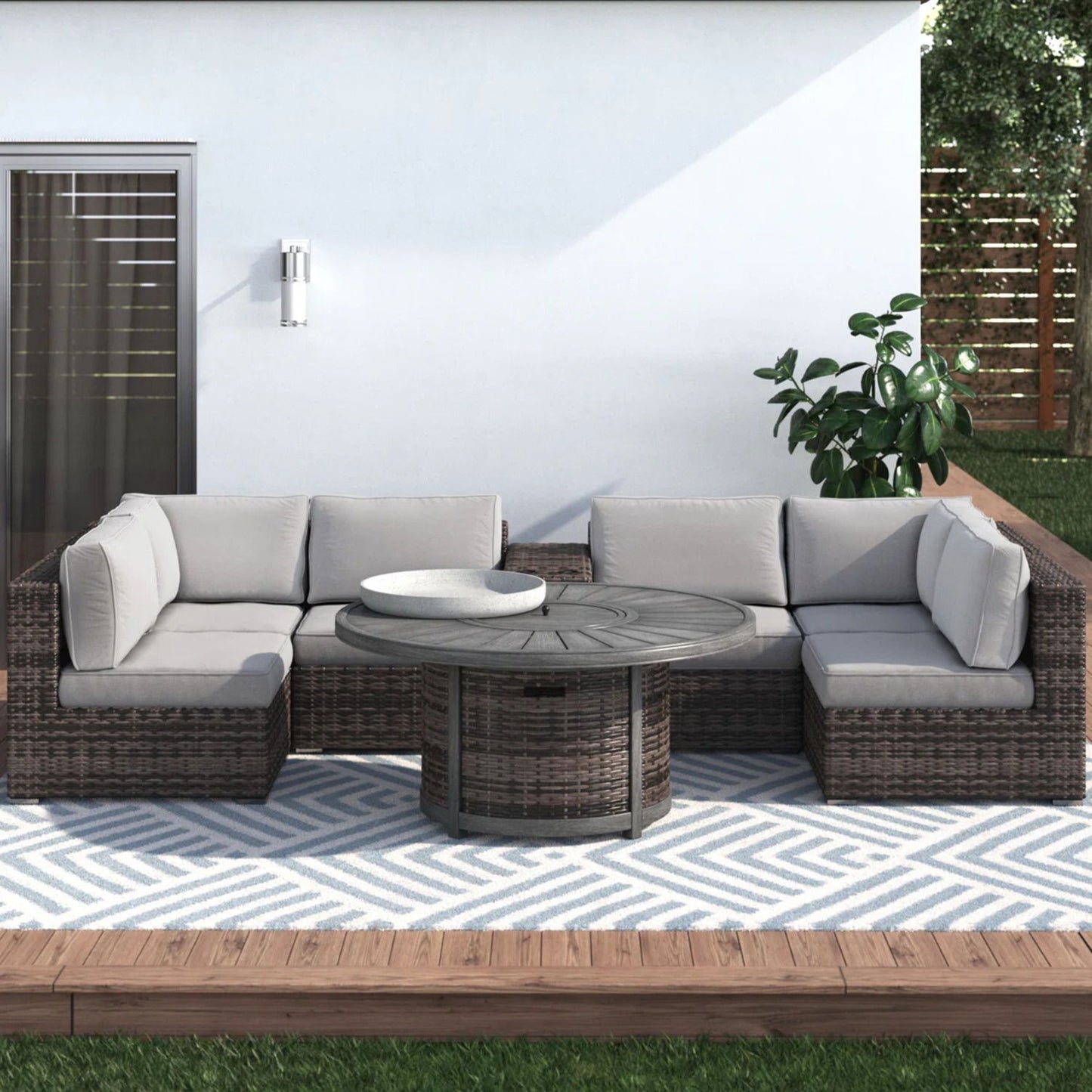 All Weather 4 Person Patio Sofa Set With Fire Pit And Side Table Rustproof - Brown LSI Patio Furniture