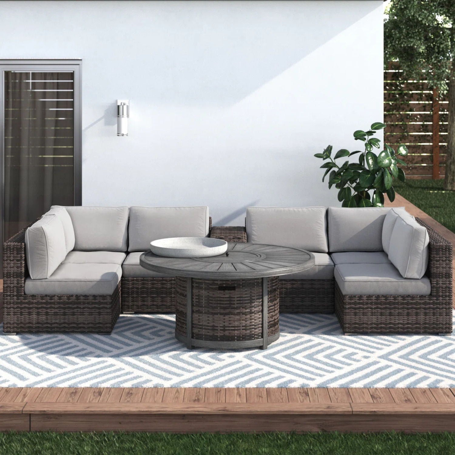All Weather 4 Person Patio Sofa Set With Fire Pit And Side Table Rustproof - Brown LSI Patio Furniture