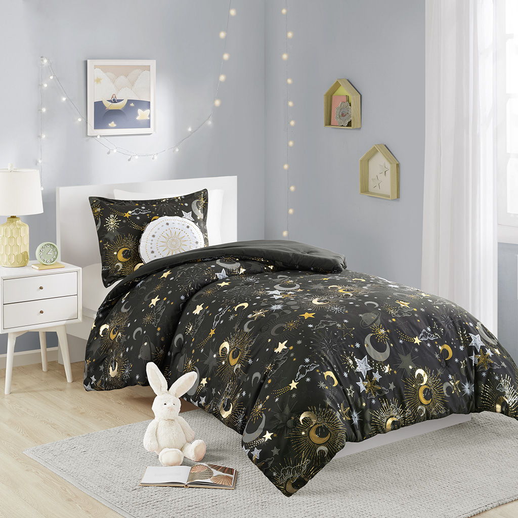 Celia - Starry Sky Metallic Comforter Set With Throw Pillow - Charcoal/Gold Mi Zone Kids