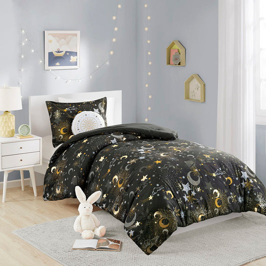 Celia - Starry Sky Metallic Comforter Set With Throw Pillow - Charcoal/Gold Mi Zone Kids