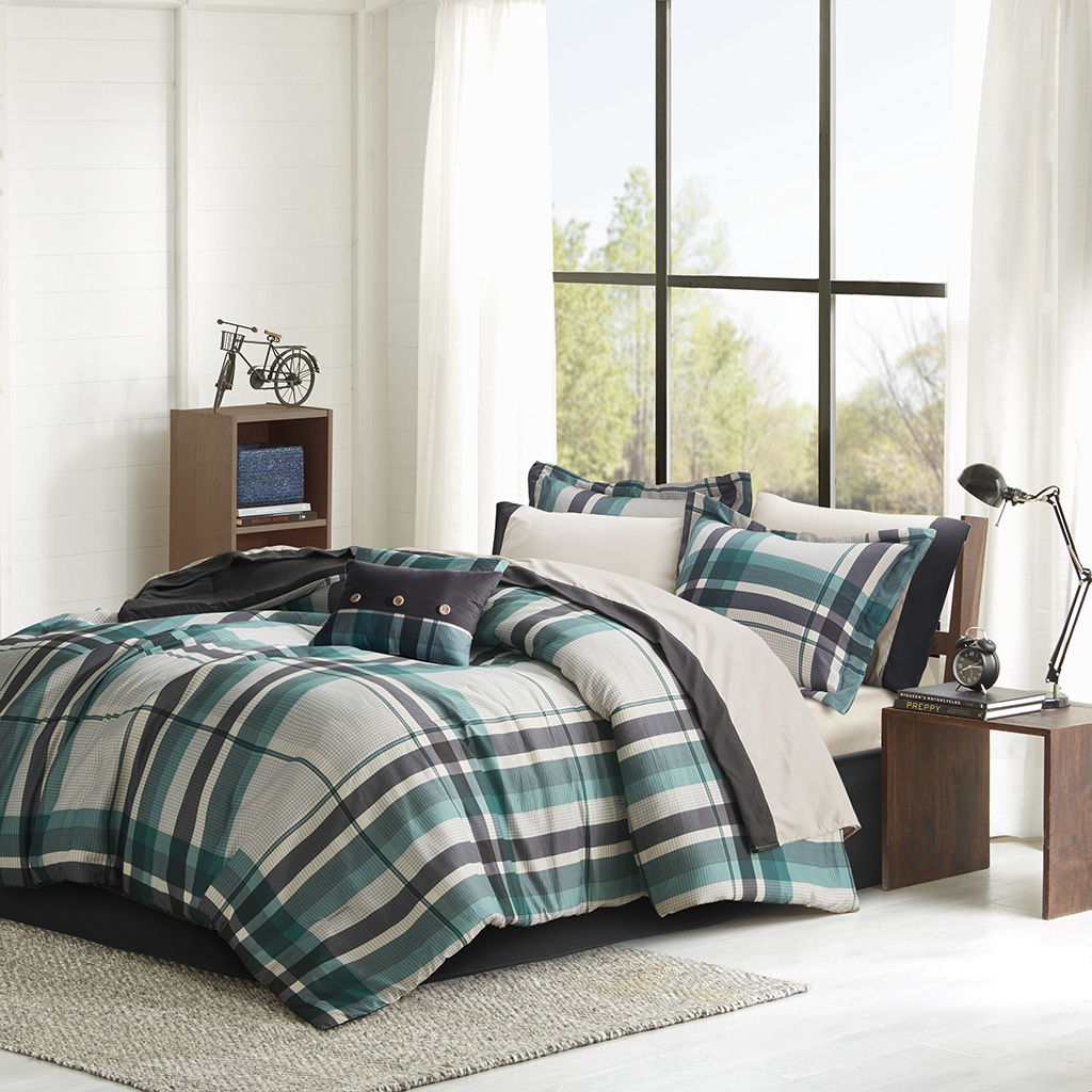 Robbie - 7 Piece Twin Long Plaid Comforter Set With Bed Sheets - Teal/Black Intelligent Design