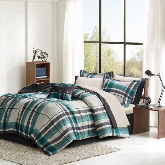 Robbie - 7 Piece Twin Long Plaid Comforter Set With Bed Sheets - Teal/Black Intelligent Design