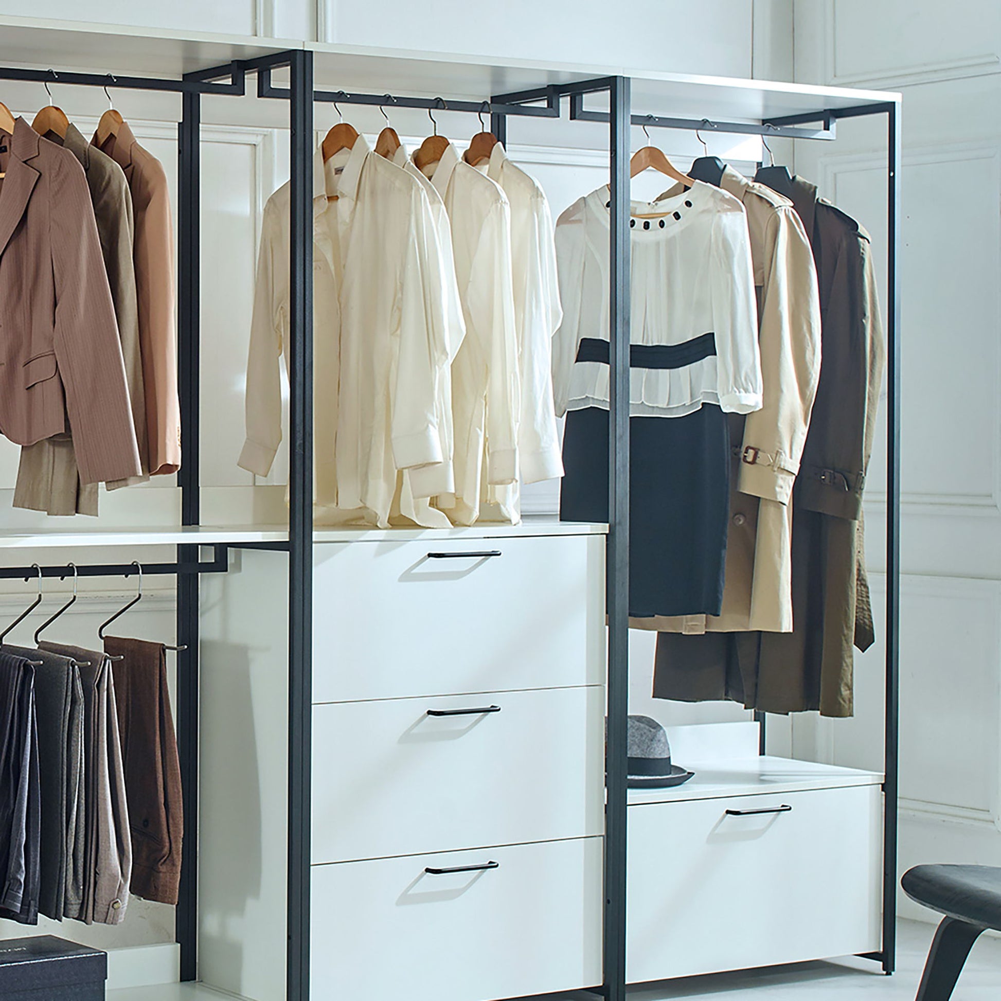 Fiona - Freestanding Walk In Wood Closet System, Metal Frame Melamine - White Home Essentials