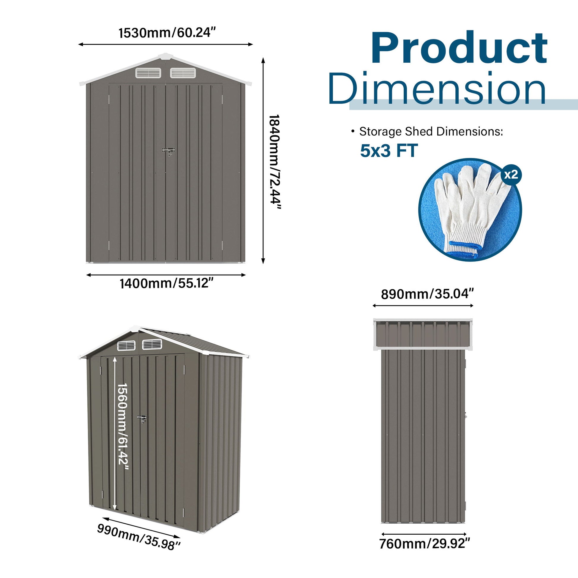 5 X 3 Ft Compact Metal Outdoor Storage Shed With Pitched Roof, Lockable Door - Gray Daily Nest