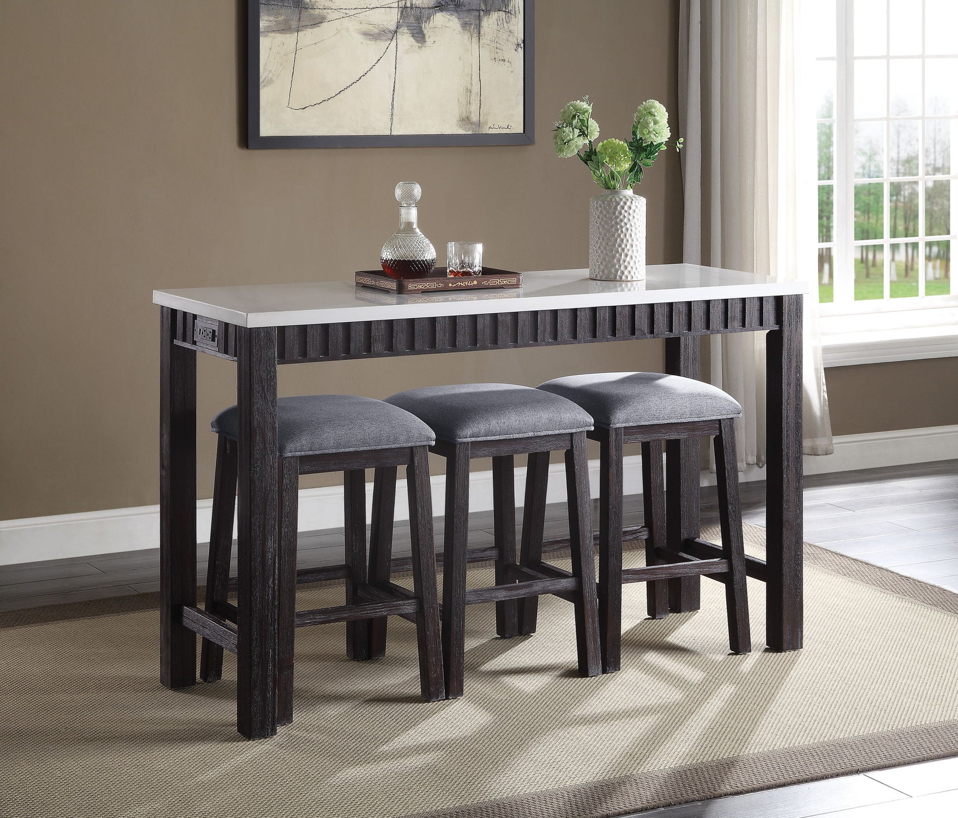 Necalli - Marble Top Weathered 4 Piece Pack Counter Height Table Set - Espresso Acme