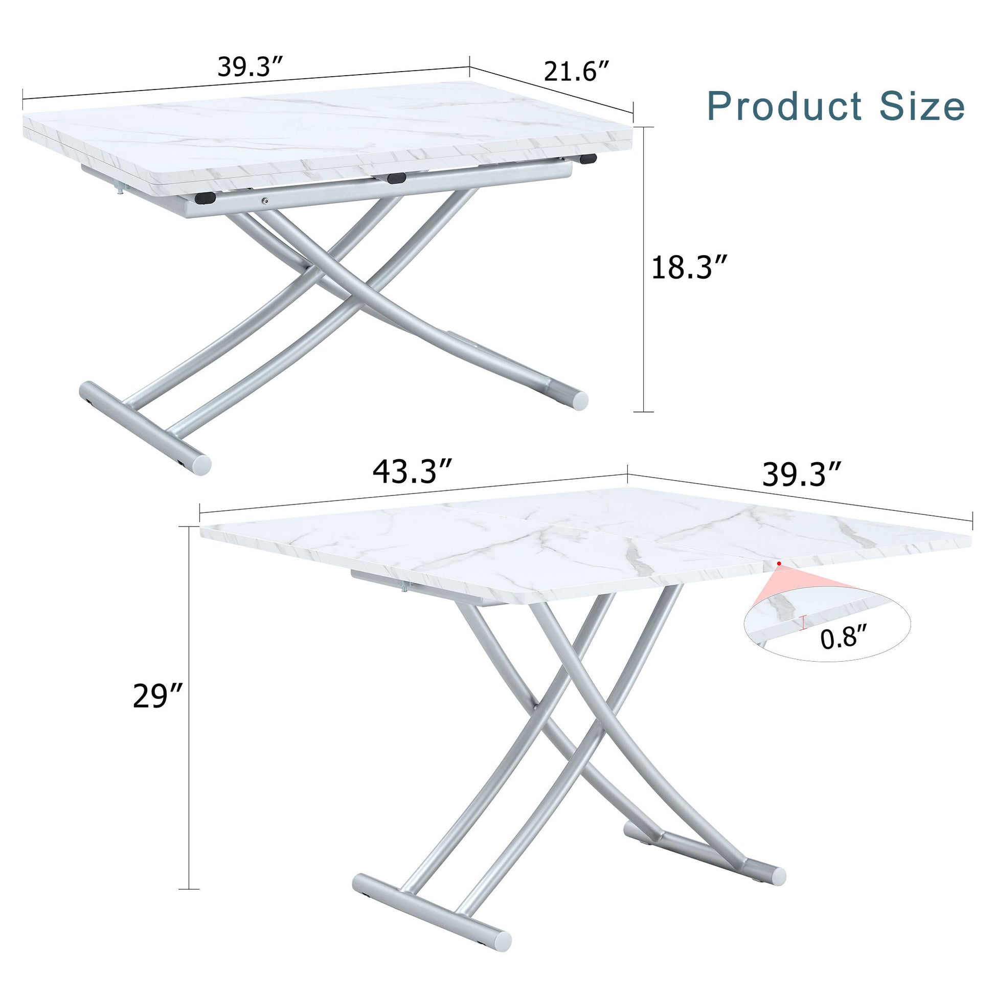 Modern Minimalist Multifunctional Lift Table With Metal Legs - White / Silver Home Essentials