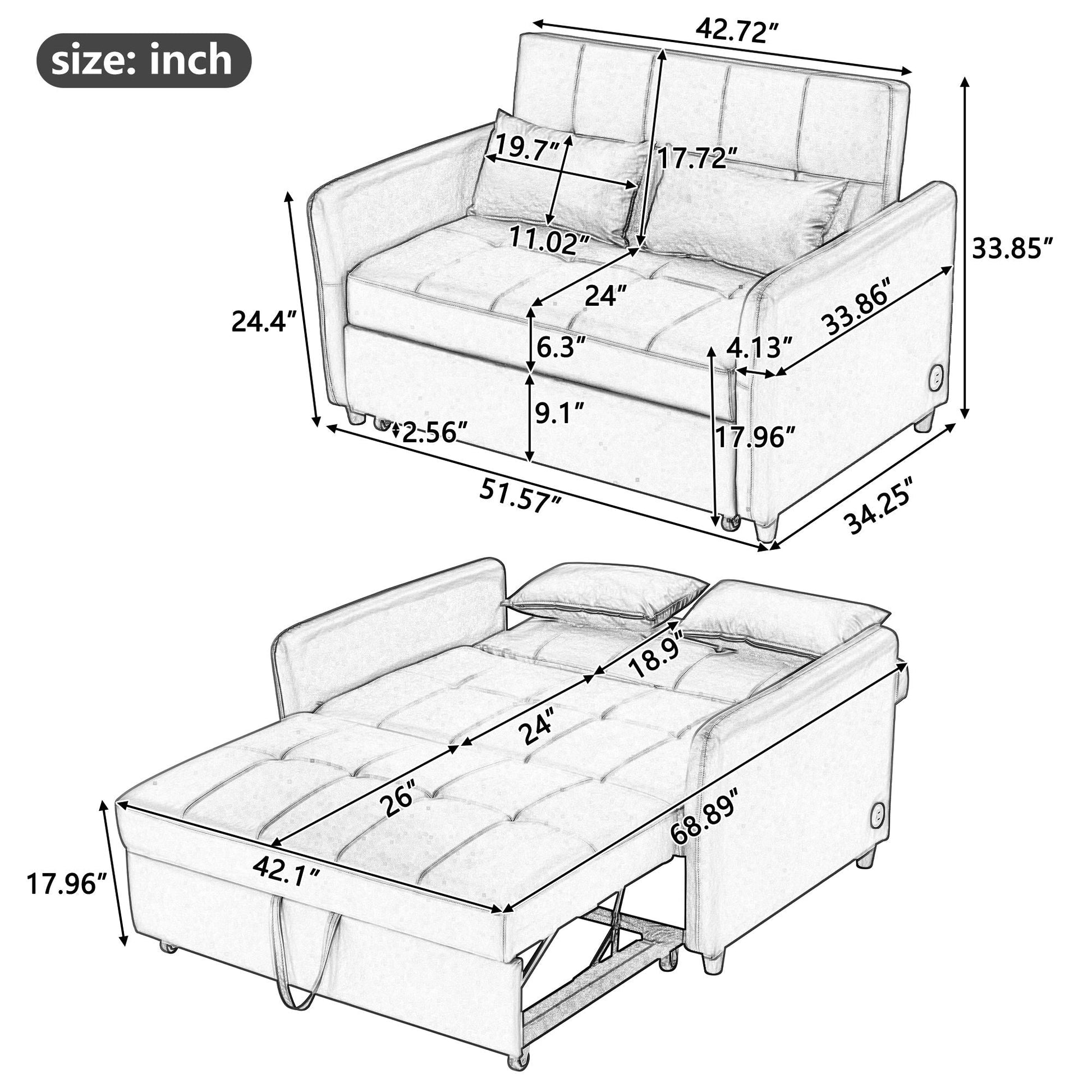 Convertible Sleeper Bed, Adjustable Oversized Armchair With 3 USB Ports Hearth and Haven