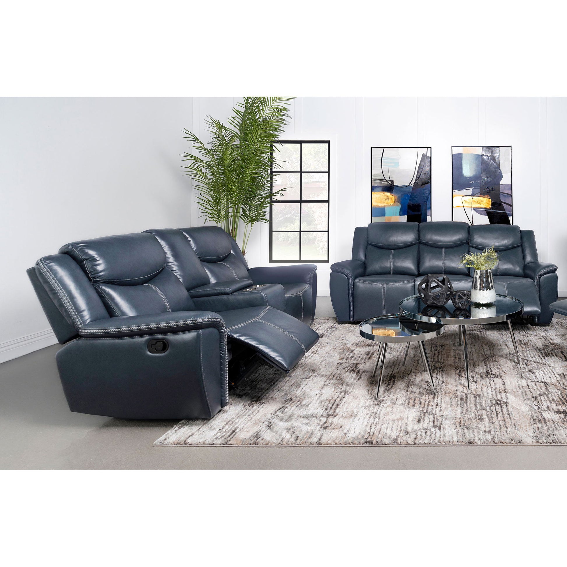 Stanwicke - 2 Piece Motion Reclining Sofa Set With Contrast Stitching - Blue Furniture Max