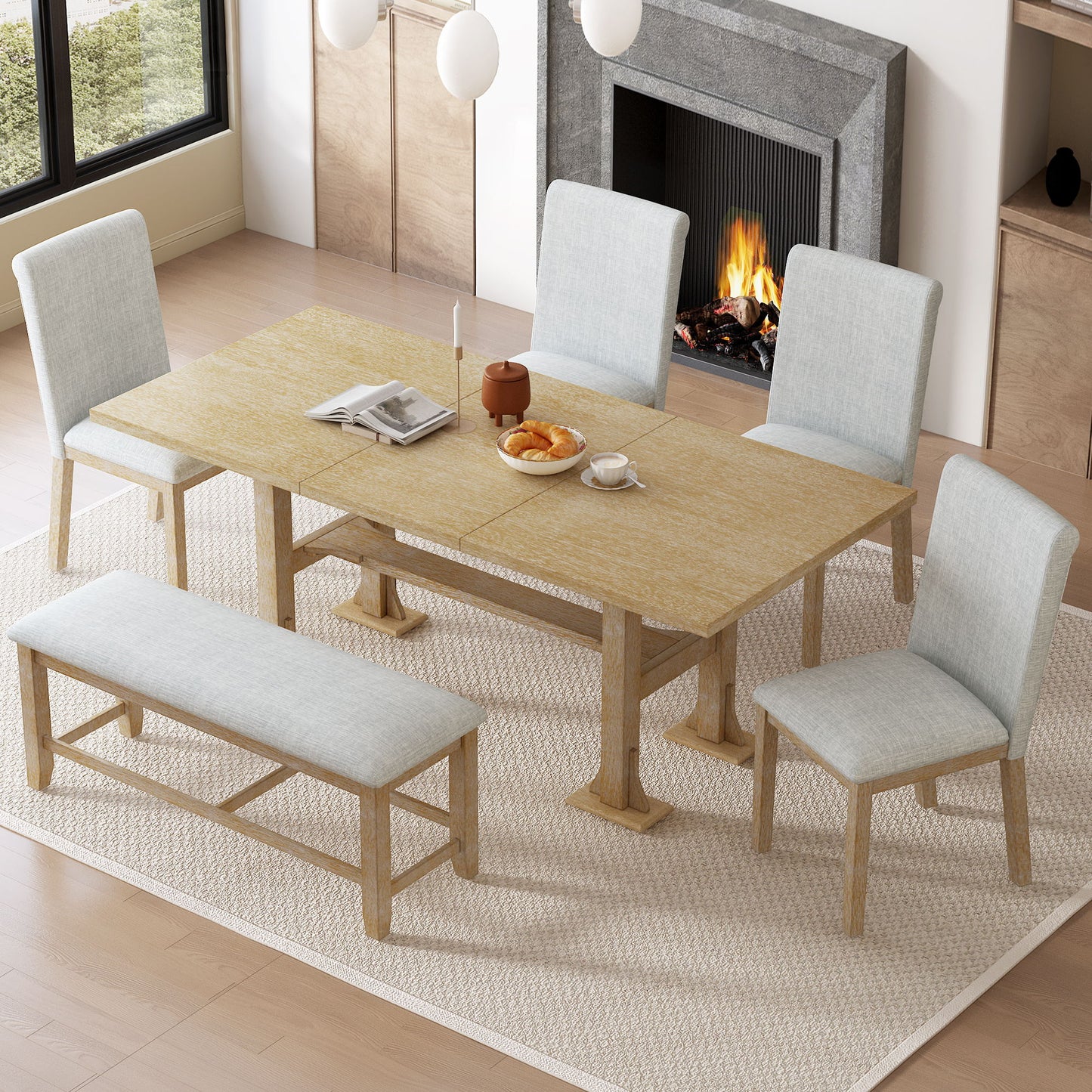 Topmax - 6 Piece Farmhouse Extendable Dining Table Set Trestle Kitchen Table Set With Removable Leaf And Upholstered Dining Chair And Bench For Dining Room Hearth and Haven