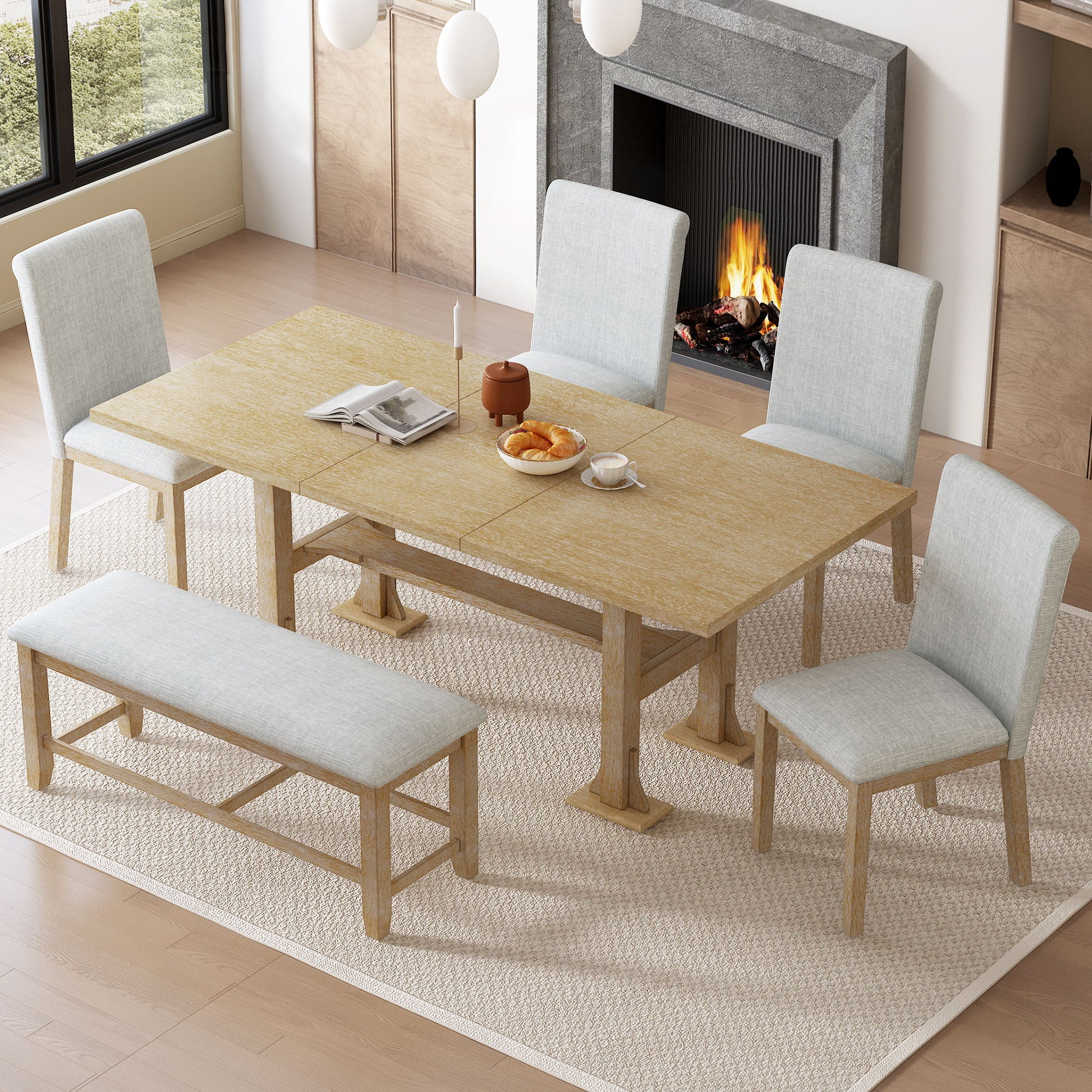 Topmax - 6 Piece Farmhouse Extendable Dining Table Set Trestle Kitchen Table Set With Removable Leaf And Upholstered Dining Chair And Bench For Dining Room Hearth and Haven