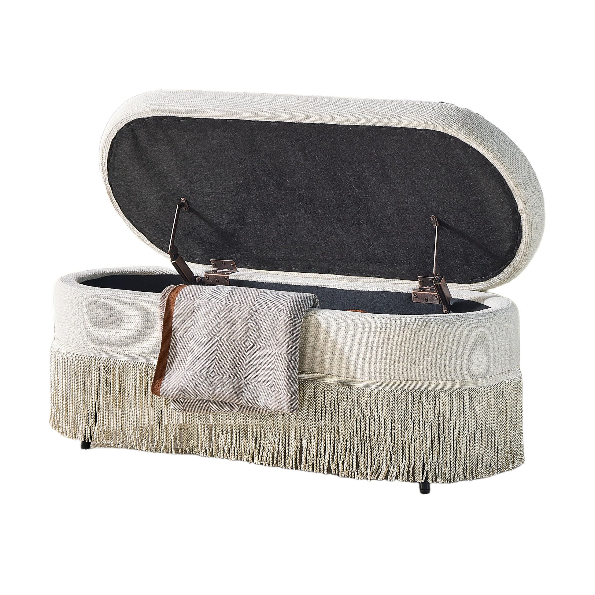 Oval Upholstered Storage Ottoman With Fringe Trim & Lift Top Lid Home Essentials