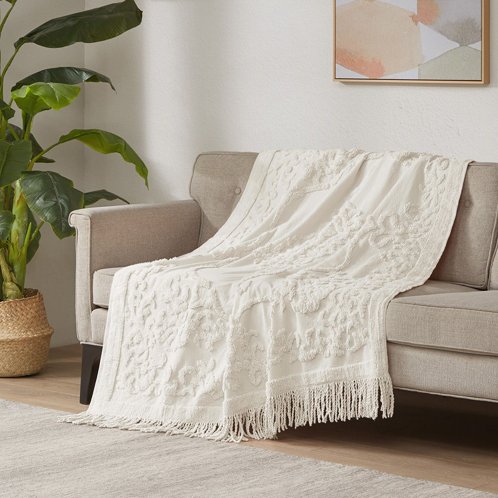 Chloe - Throw With Fringe Tassel - Ivory Madison Park