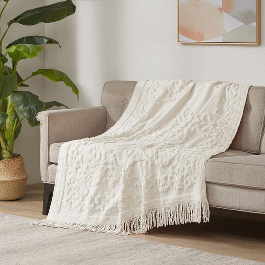 Chloe - Throw With Fringe Tassel - Ivory Madison Park
