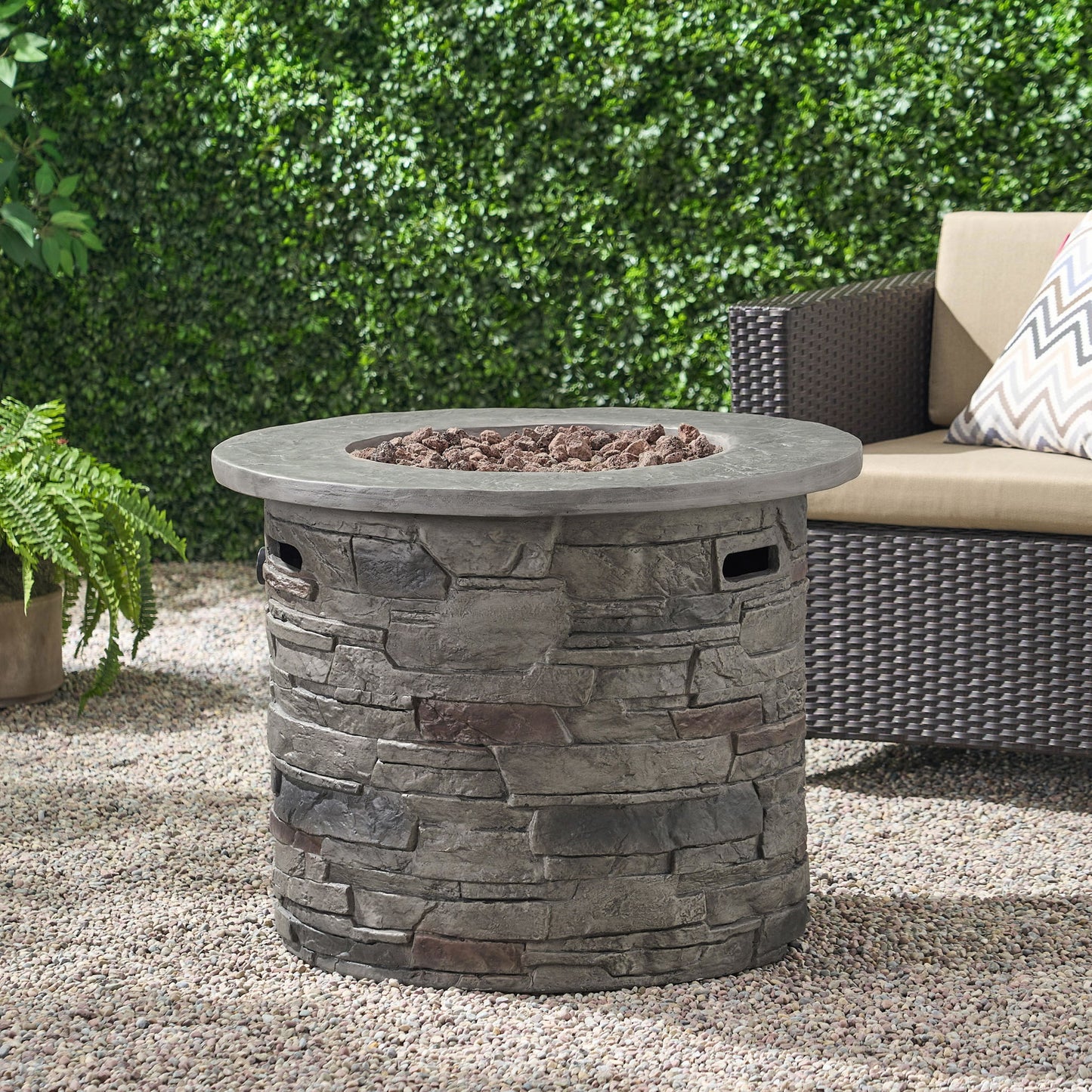 Transitional Outdoor 32" Round Propane Fire Pit Table, Lightweight Concrete Construction - Stone Gray Noble House