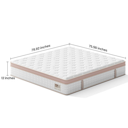 12" King Size Firm Hybrid Mattress, Gel Memory Foam & Pocket Springs, Pressure Relief, Motion Isolation, Ergonomic Bed - White Somnus Mattress USA