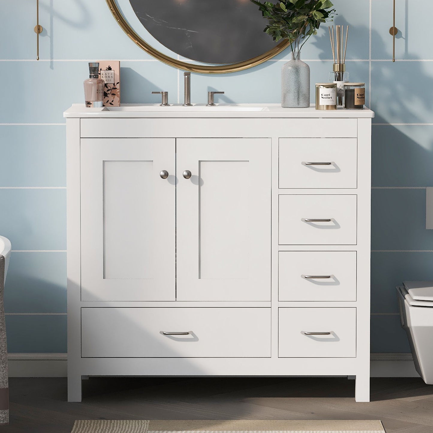 Bathroom Vanity With Ceramic Sink Combo, Abundant Storage Cabinet 2 Soft Close Doors And 5 Drawers Hearth and Haven