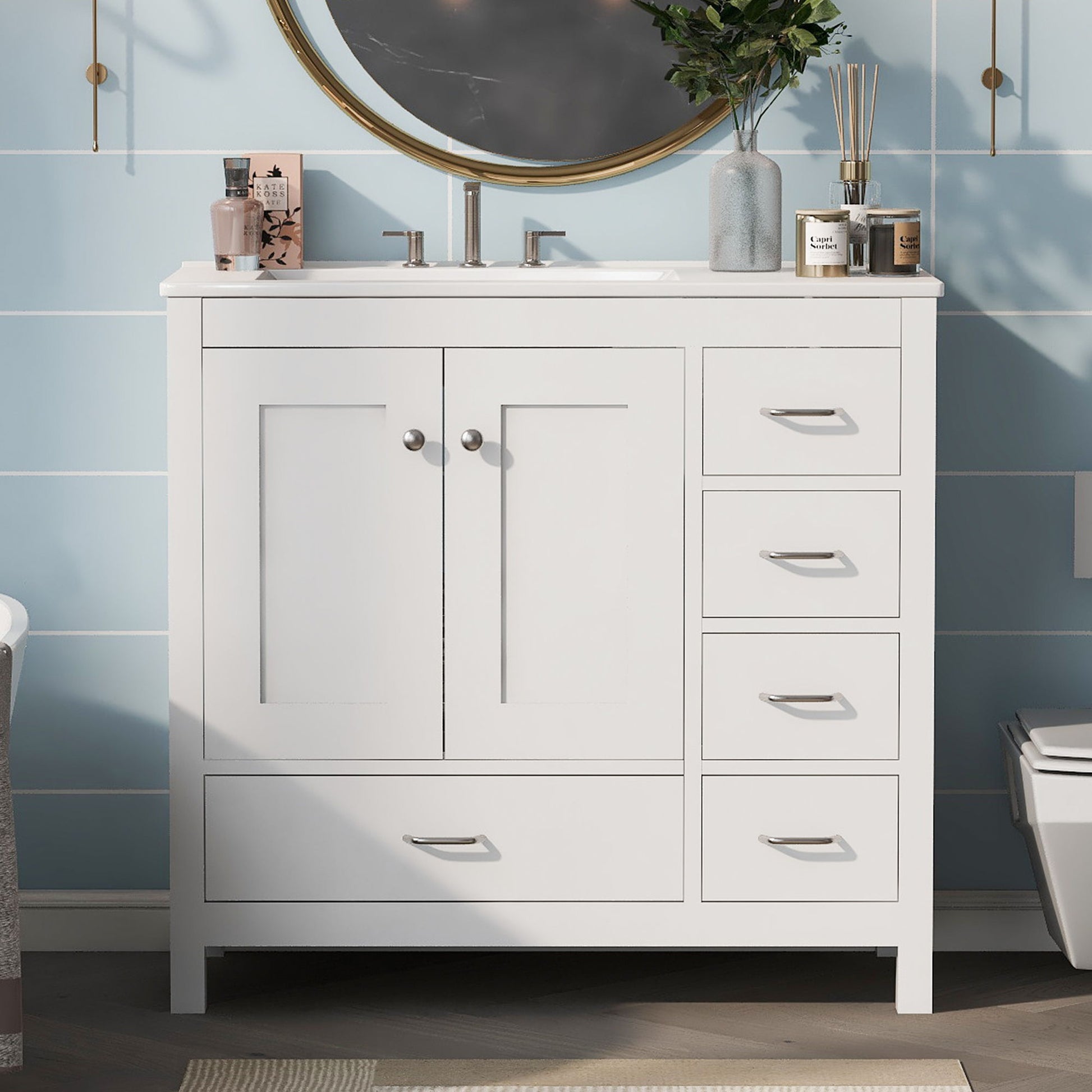Bathroom Vanity With Ceramic Sink Combo, Abundant Storage Cabinet 2 Soft Close Doors And 5 Drawers Hearth and Haven