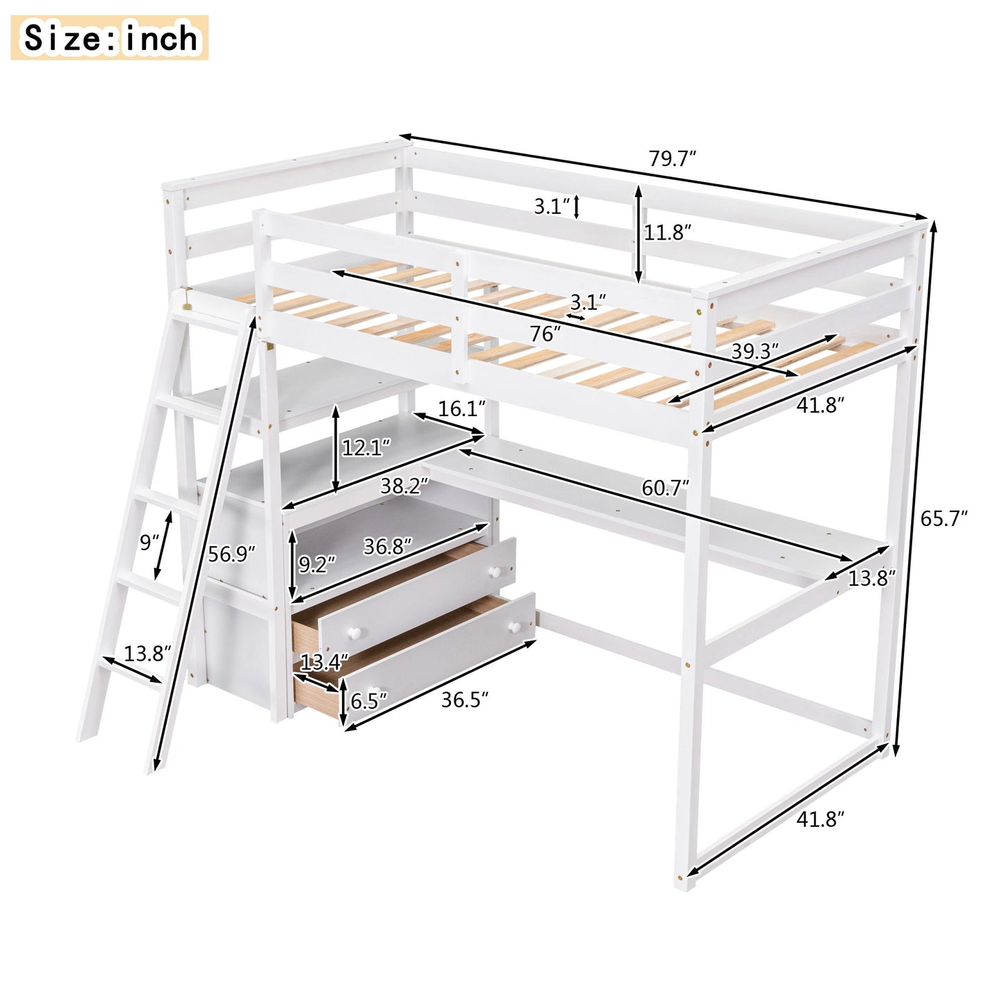 Modern Loft Bed With Built In Desk, Shelves, And 2 Drawers Hearth and Haven