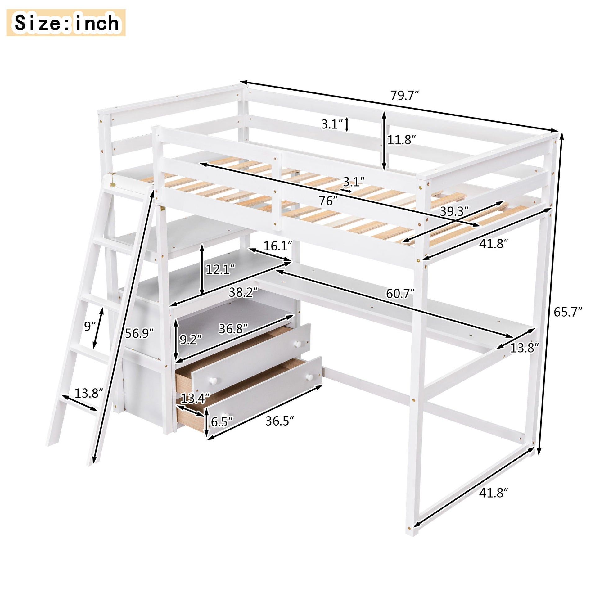Modern Loft Bed With Built In Desk, Shelves, And 2 Drawers Hearth and Haven