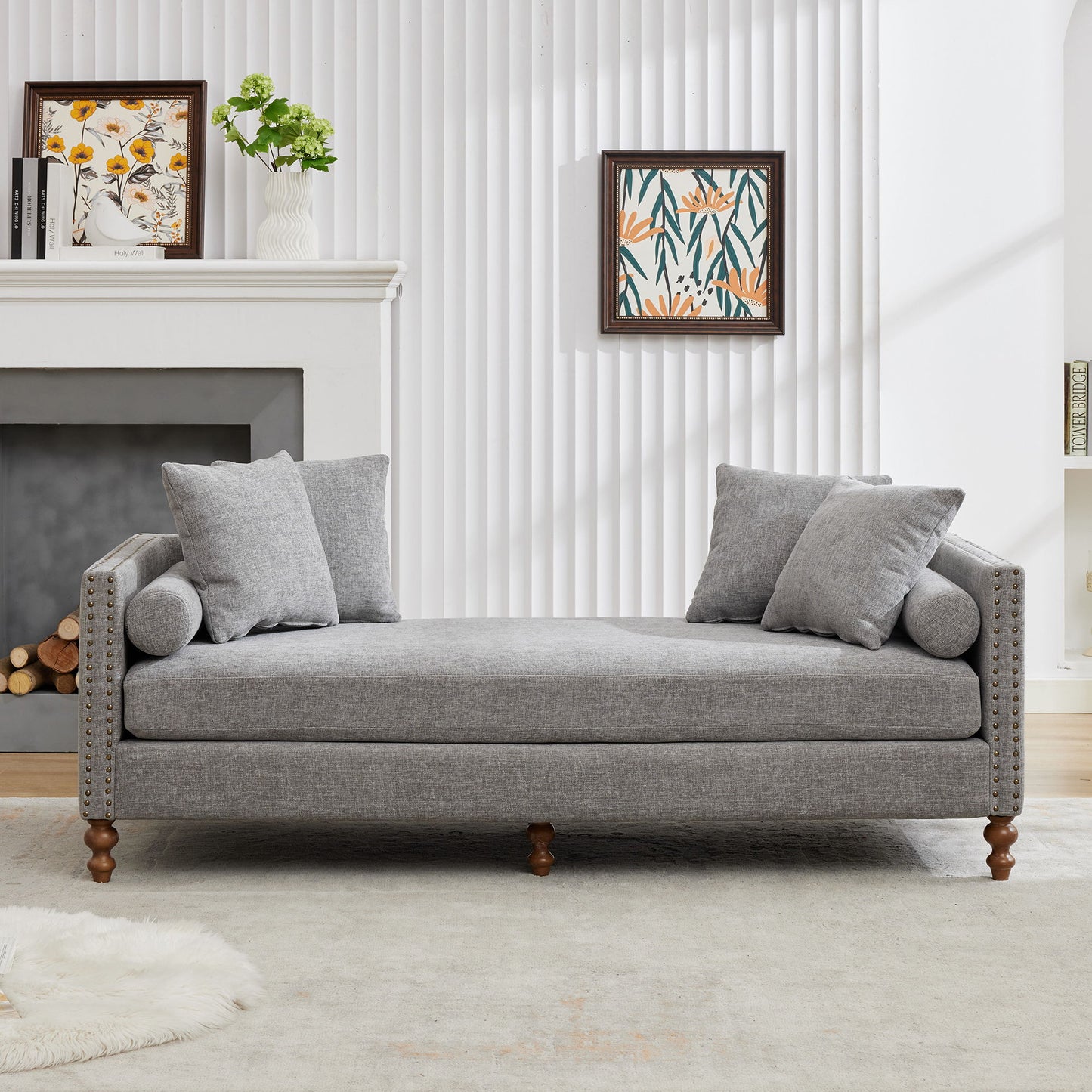 Upholstered Chaise Lounge Indoor With Nailheads, Sleeper Sofa Couch With 4 Throw Pillows & 2 Bolsters, Daybed With Rubberwood Legs