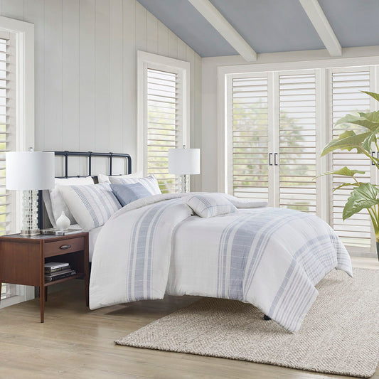Morgan - 5 Piece Cotton Jaquard Duvet Set - White/Blue Harbor House