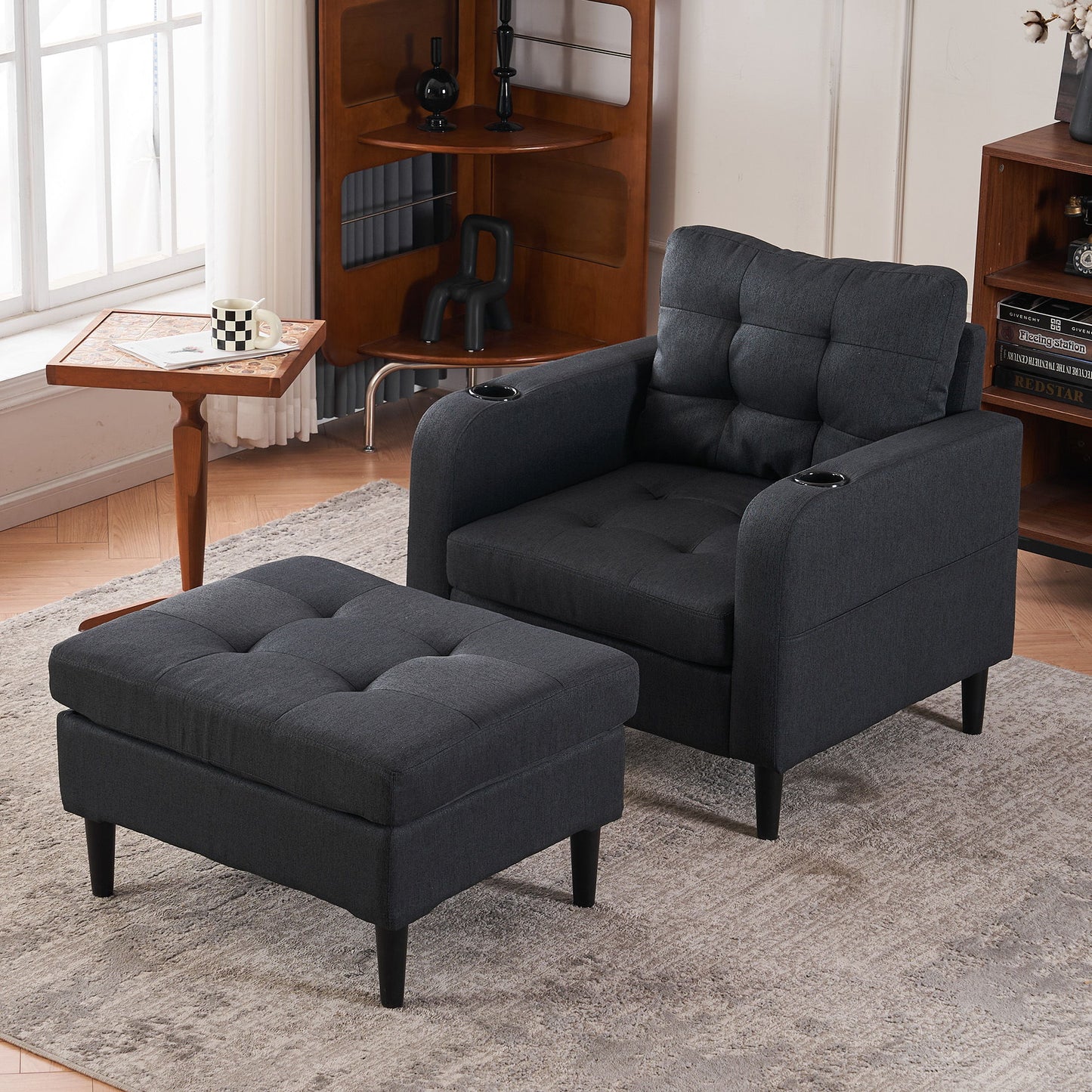 Upholstered Armchair And Storage Ottoman Set, Comfortable Single Sofa With Cup Holders And Tufted Detailing, Ideal For Living Room Or Bedroom