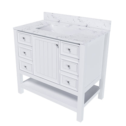 37" Bathroom Vanity, Multi Functional Cabinet With Doors And Drawers, Frame, Single Faucet Hole - White Home Essentials