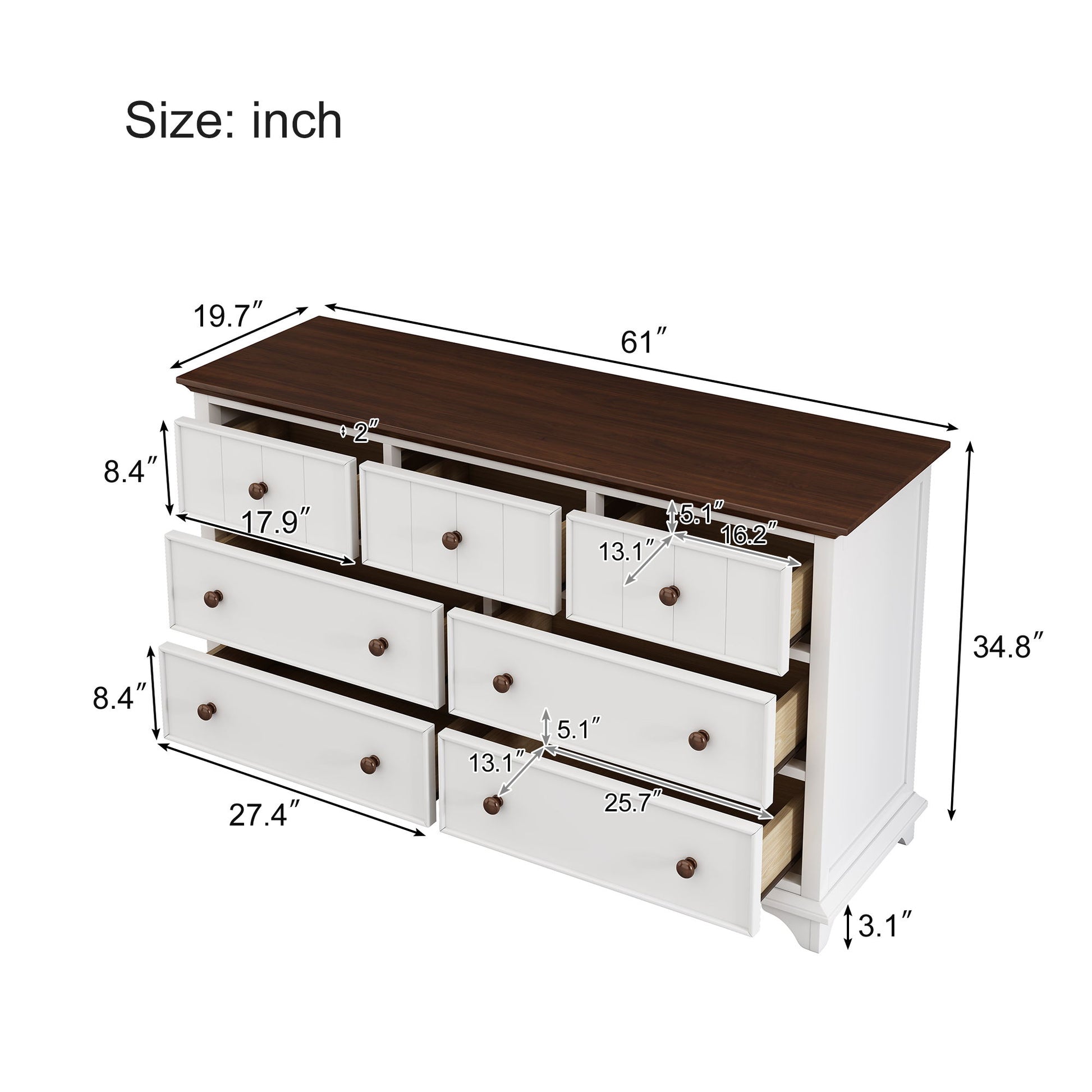 Wooden Captain Seven Drawer Dresser For Bedroom, Living Room, Kids' Room - White / Walnut Hearth and Haven