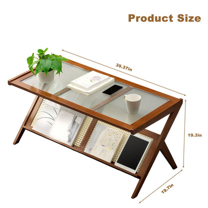 Rattan Coffee Tables For Living Room, Mid Century Modern Coffee Table With Glass Top, Large Boho Center Table With Storage - Brown Home Essentials