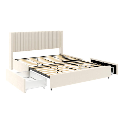 Anna - Upholstered Wingback Platform Bed With 4 Drawers Storage