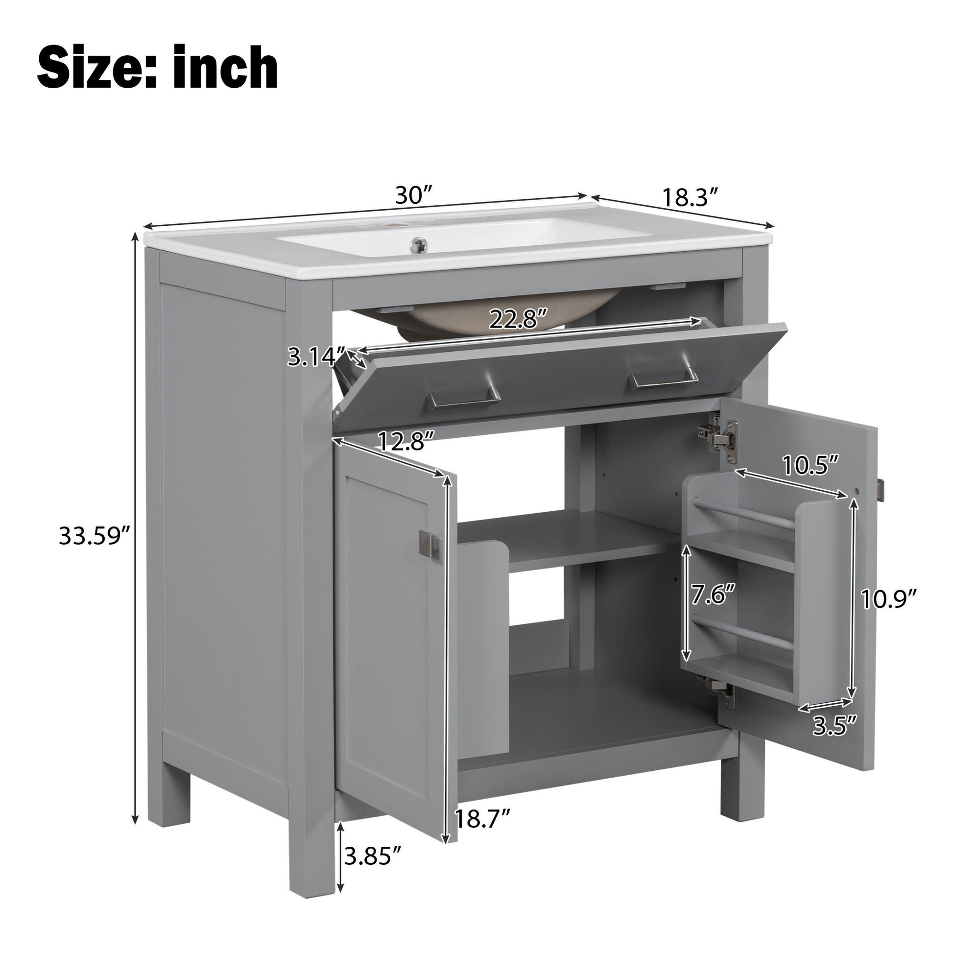 Bathroom Vanity With Ceramic Sink, Modern Single Bathroom Cabinet With 2 Doors And A Shelf, Soft Close Doors Hearth and Haven