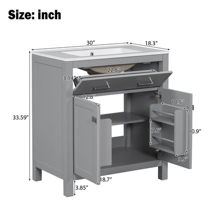 Bathroom Vanity With Ceramic Sink, Modern Single Bathroom Cabinet With 2 Doors And A Shelf, Soft Close Doors Hearth and Haven