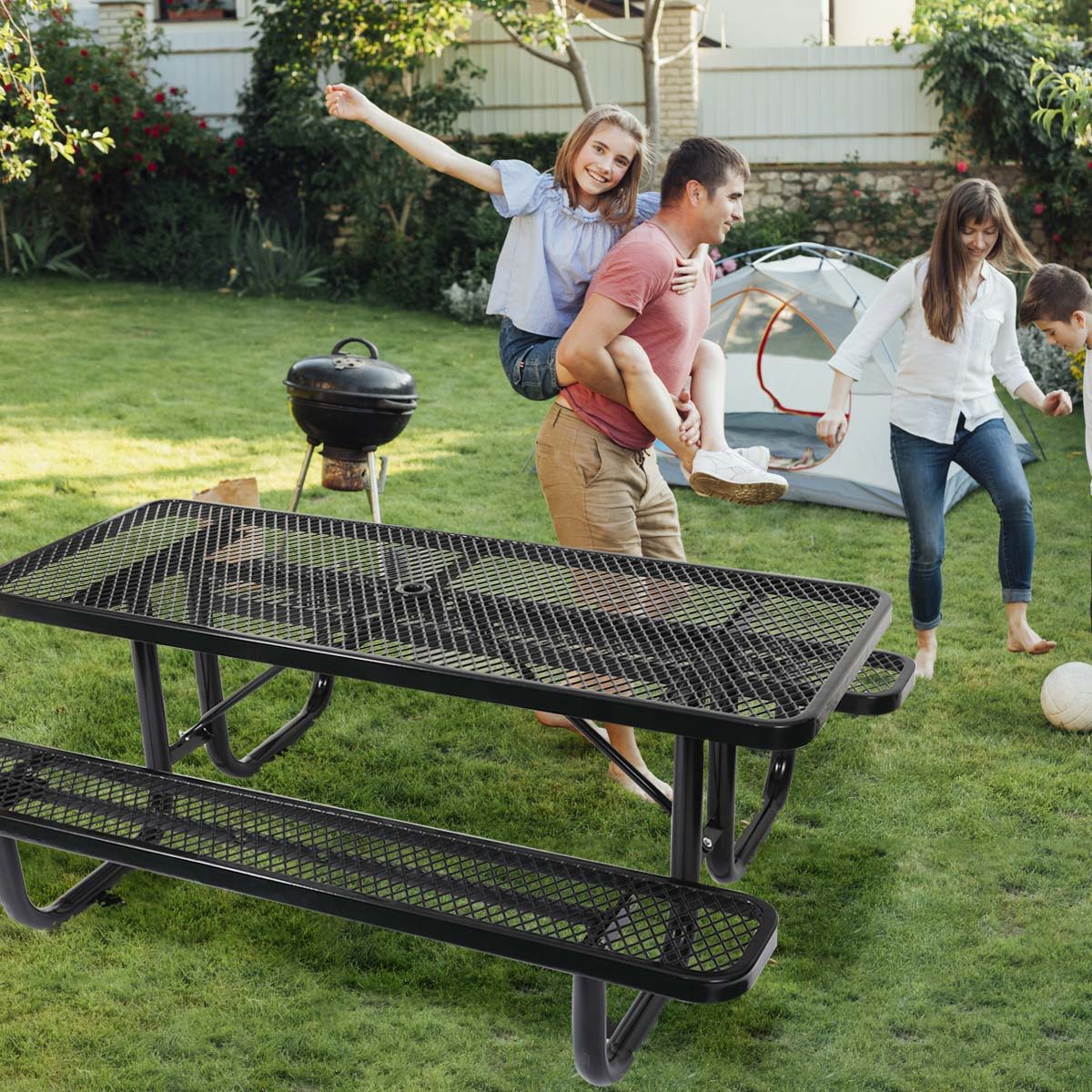 Outdoor Steel Picnic Rectangular Table With Umbrella Pole Home Essentials