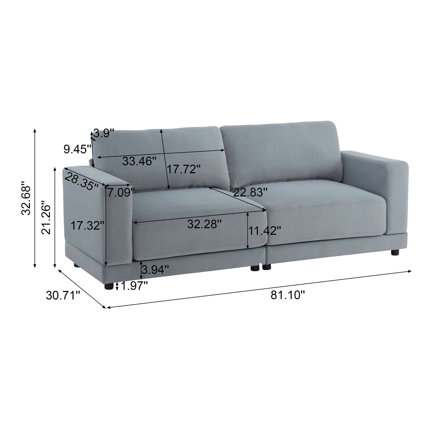 Modern Square Arm Sofa With Soft Fabric Upholstery, Deep Cushions Noble House