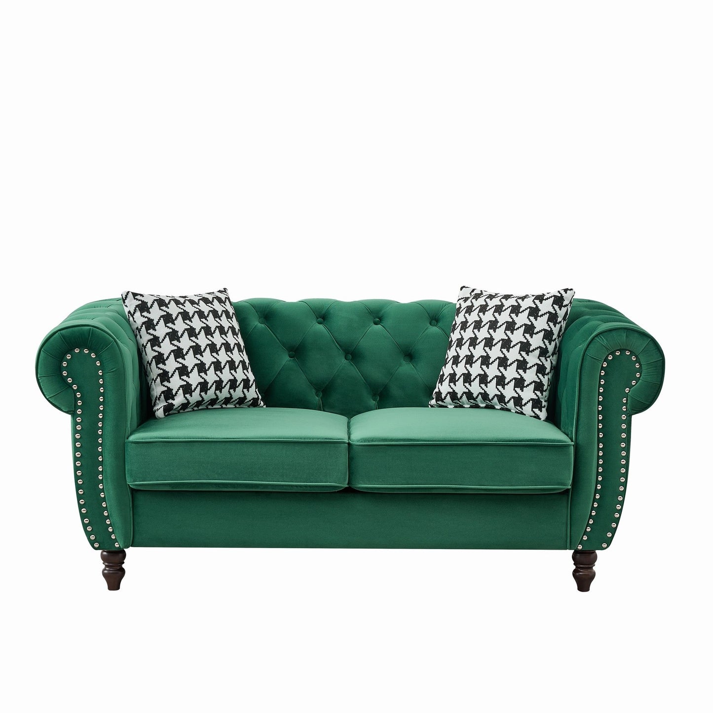 Chesterfield Velvet Fabric Sofa With Roll Armrest And Nailhead, Mid Century 2 Seater Couch Home Essentials