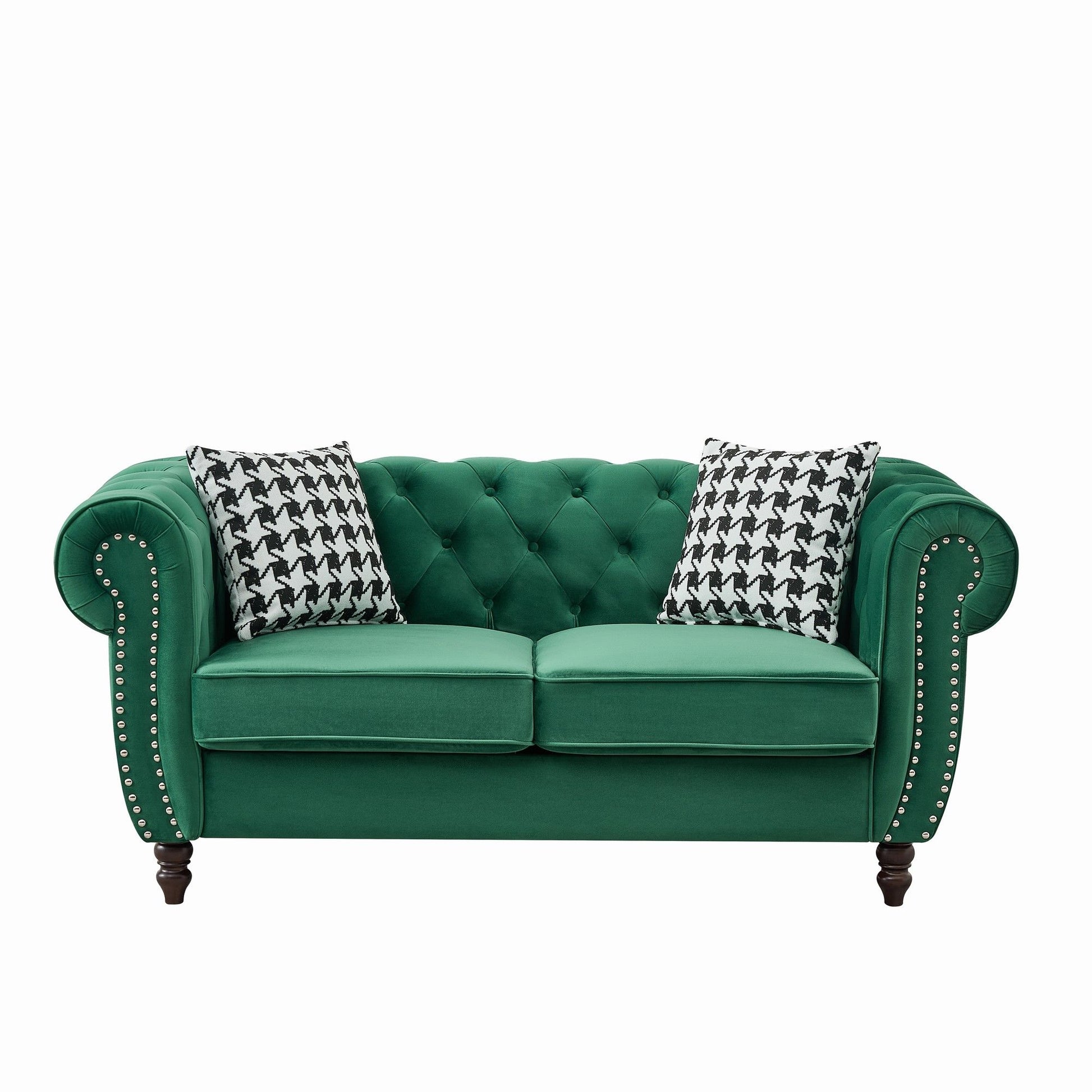 Chesterfield Velvet Fabric Sofa With Roll Armrest And Nailhead, Mid Century 2 Seater Couch Home Essentials