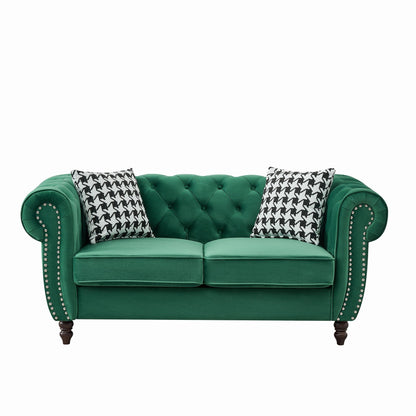Chesterfield Velvet Fabric Sofa With Roll Armrest And Nailhead, Mid Century 2 Seater Couch Home Essentials