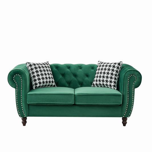 Chesterfield Velvet Fabric Sofa With Roll Armrest And Nailhead, Mid Century 2 Seater Couch Home Essentials