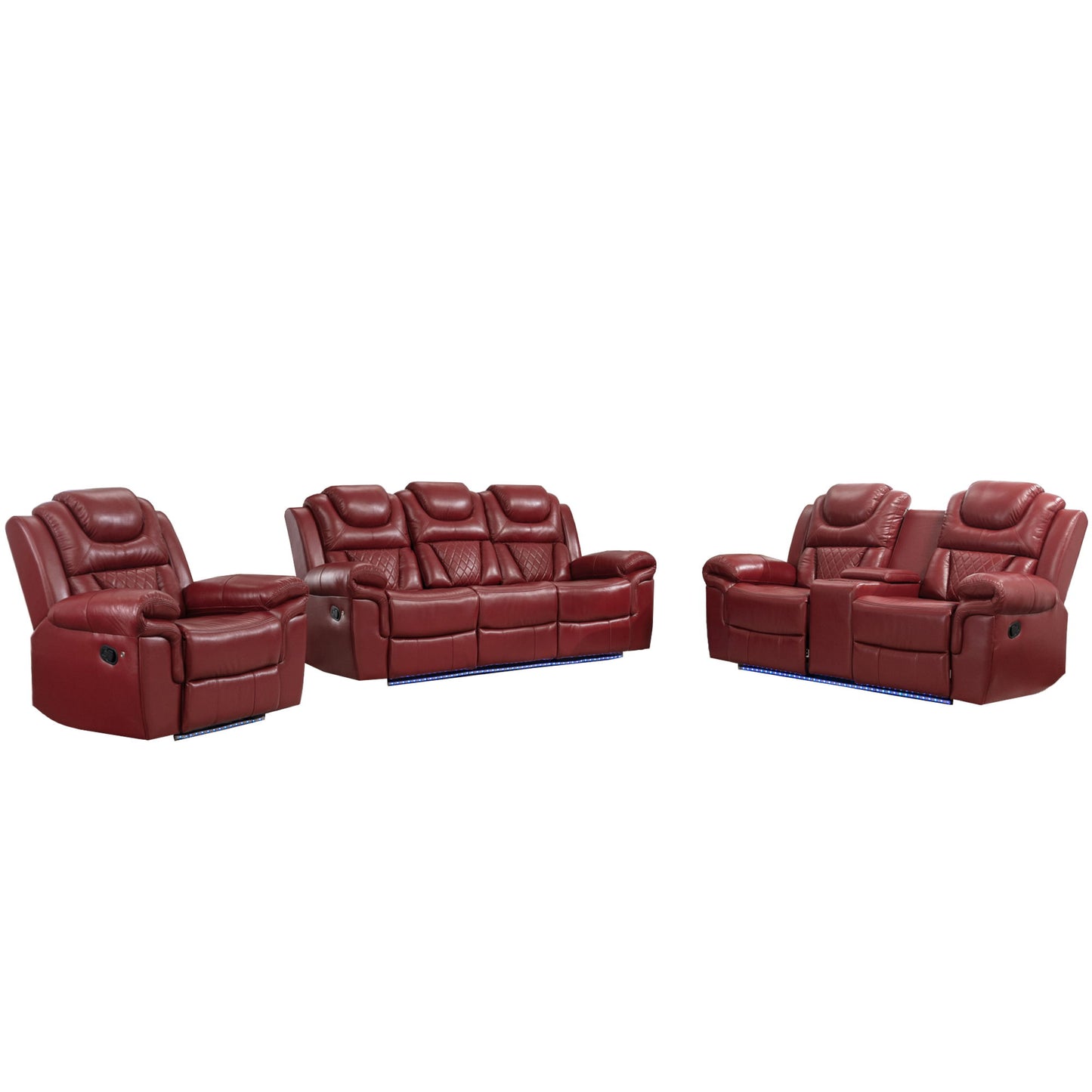 3 Pieces Recliner Sofa Sets Home Theater Seating Manual Recliner Chair With Center Console And LED Light Strip For Living Room Hearth and Haven
