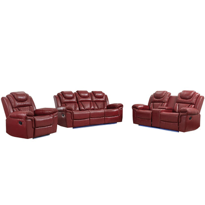 Home Theater Seating Manual Recliner Chair With Center Console And LED Light Strip For Living Room - Red Hearth and Haven
