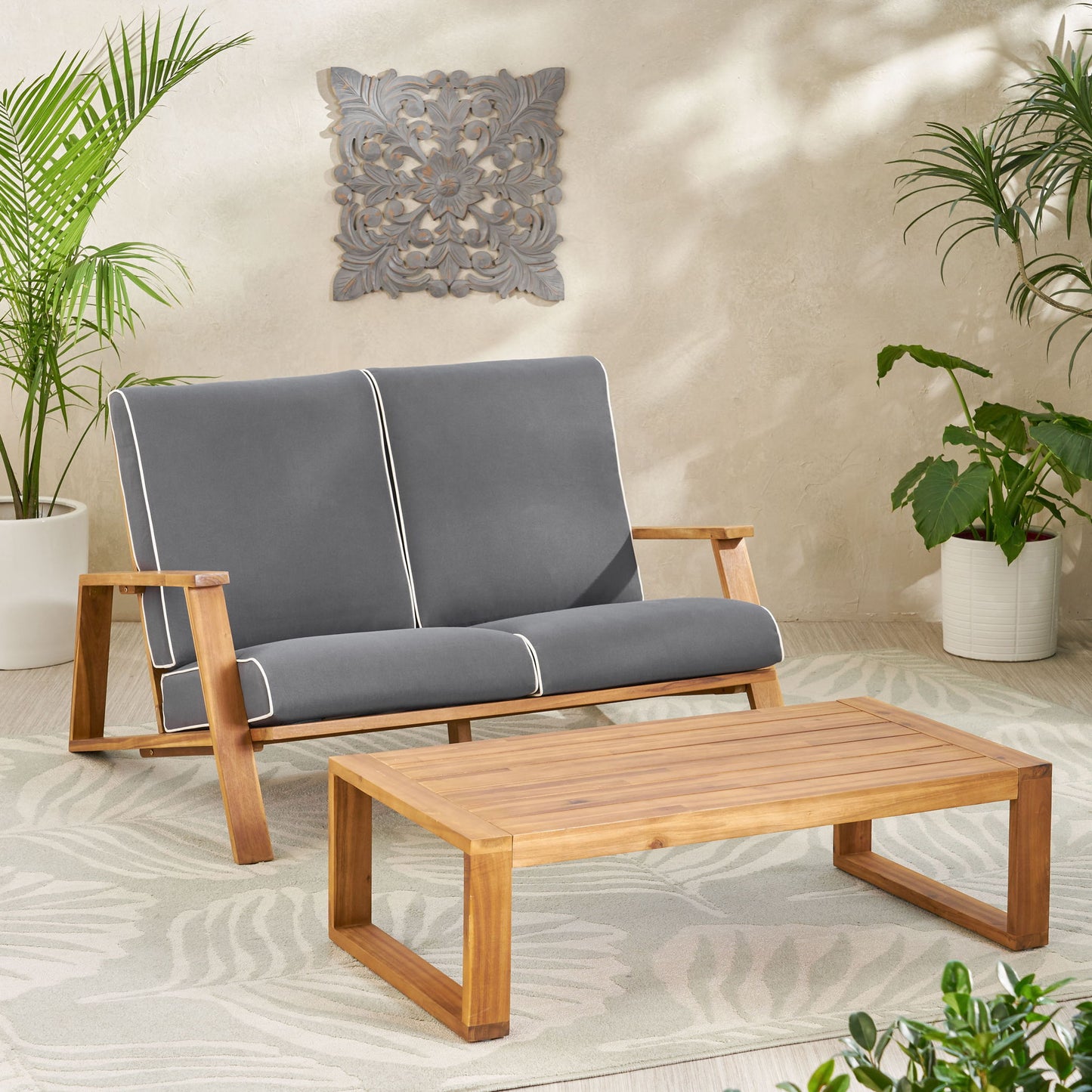 Paloma - Contemporary Loveseat And Coffee Table Set With Weather Resistant Cushions Noble House